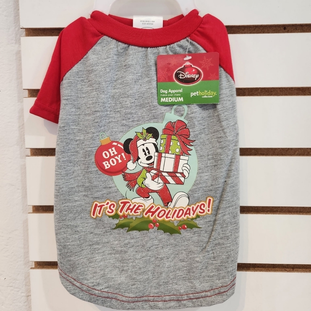 Disney Mickey Mouse Festive Red Gray Dog Christmsd Tee